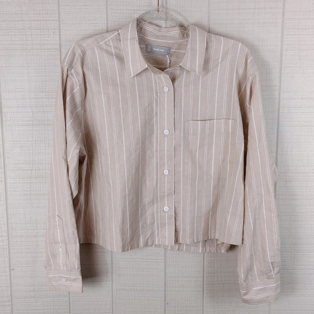 Everlane Way Short Cotton Shirt Beige Stripe Button Down Neutral